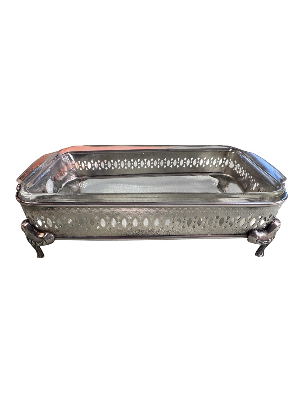 Vintage International Silver Co. Footed Casserole Dish Holder 9x5 Glass Insert